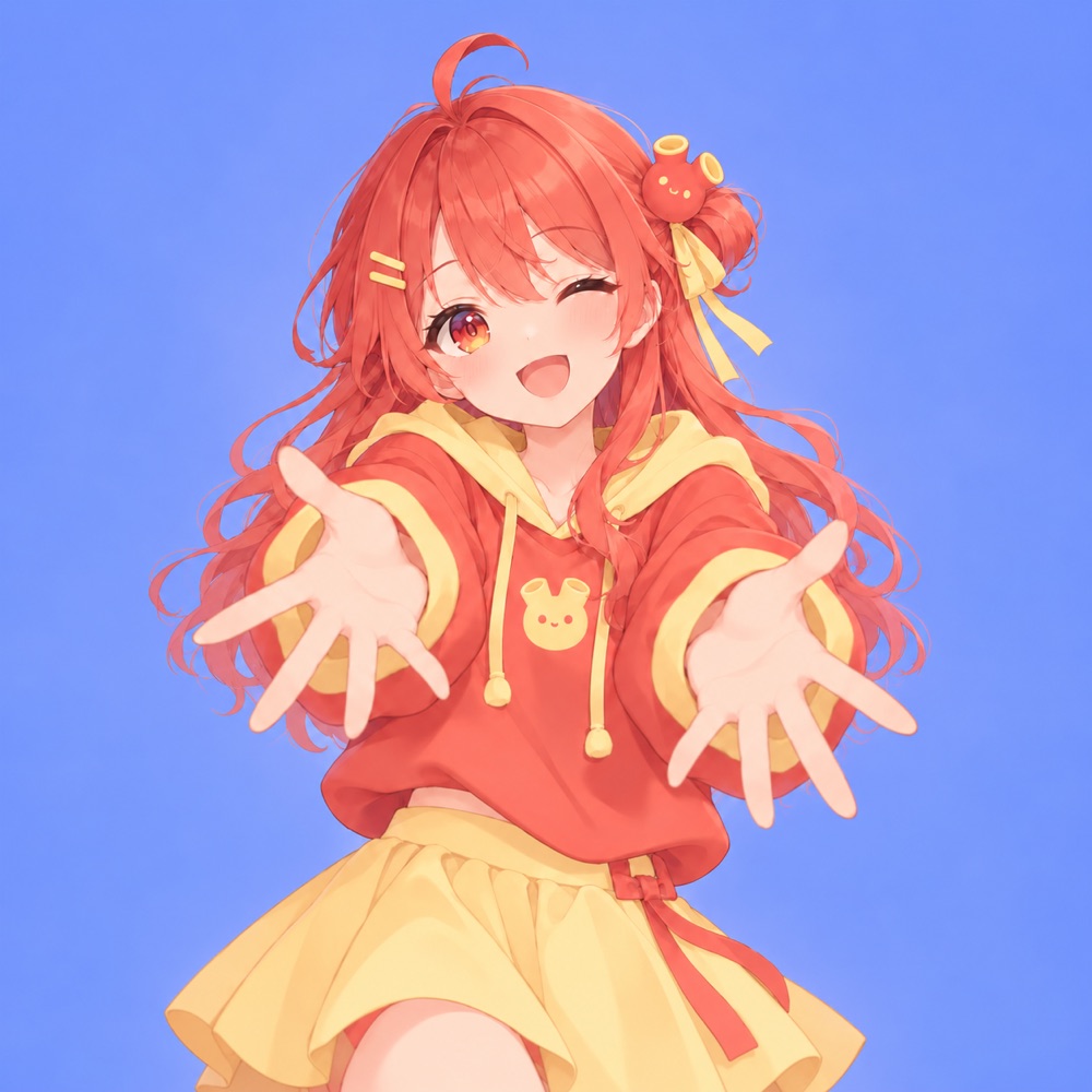 Lola, an anime-style girl with red hair and a red hoodie, smiling and reaching out with both arms